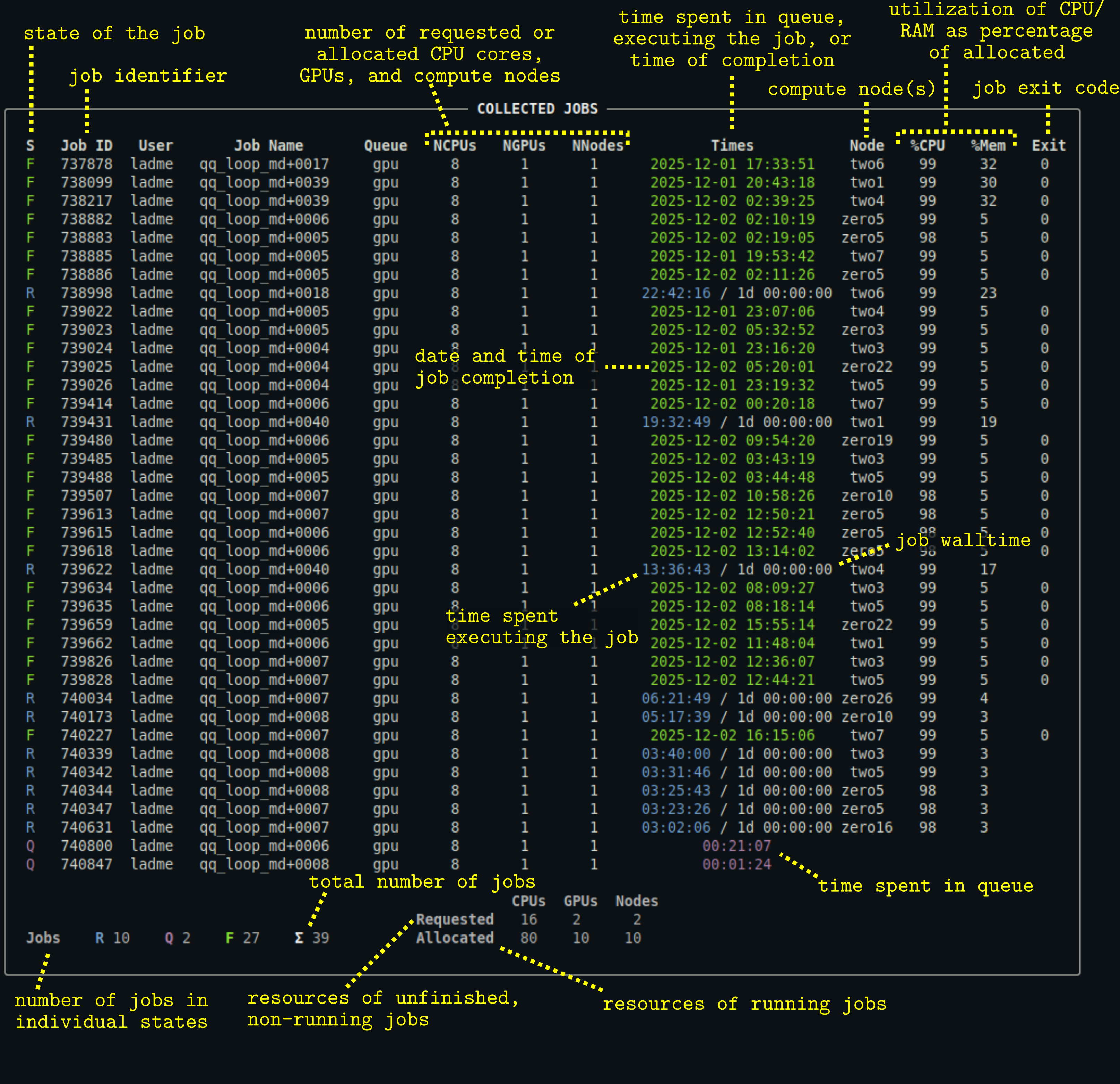 Example and a description of qq jobs output
